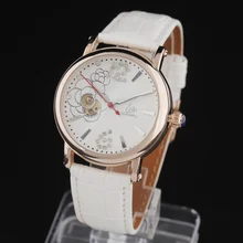 Moda Shenhua Reloj Mujeres Reloj de Lujo Caja de Flores de Diamantes de Oro Banda de Cuero Mecánico Automático Esquelético Vestido de Las Señoras Relojes de Pulsera