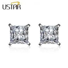 USTAR 6 мм квадратный кубический цирконий серьги гвоздики для женщин Серебряный цвет модные ювелирные изделия серьги с кристаллами женские Серьги brincos Свадебные