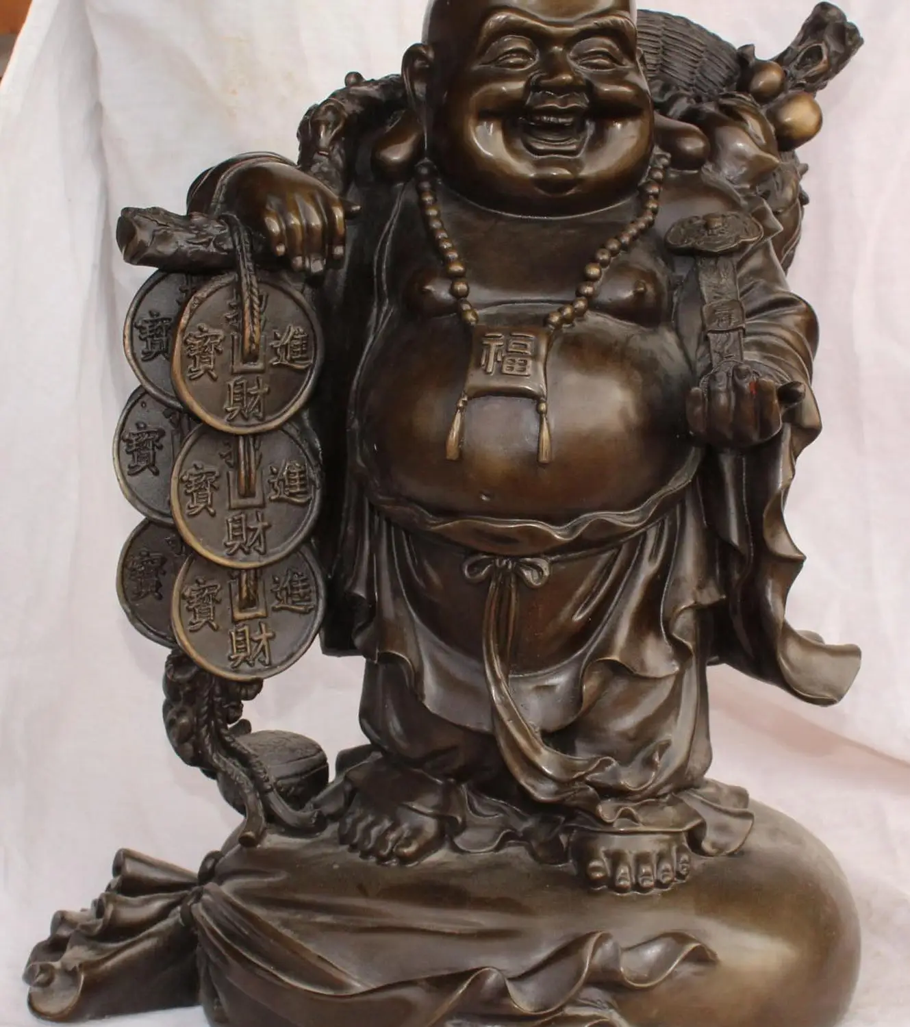 

16" Chinese Bronze Wealth Money Happy Laugh Maitreya Buddha calabash Ruyi States