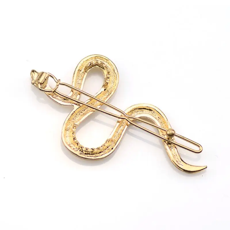 Women Girl Boho Snake Shape Hair Clips Decor Textured Metal Alloy Hairpins Faux Green Crystal Eyes Modern Jewelry Snap Barrettes
