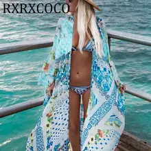 Пляжное платье, сексуальное бикини с длинным рукавом, накидка для пляжа, для женщин, с принтом, туники для кафтана, халат de plage Sarong, купальный костюм, накидка