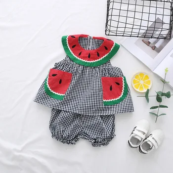 

2019 Summer Baby Girl Clothing Set Plaid Skirted T-shirt Tops+shorts Watermelon Lead Dress Baby Girls Clothes Outfits