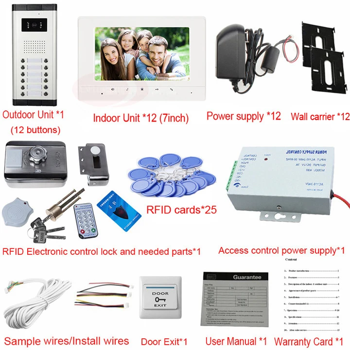 Видео домофон с Rfid Электрический замок в голову, на шнурке, Лот из 12 шт. Цвет 7 inch крытый мониторами домофона с Камера 12 кнопок на складе