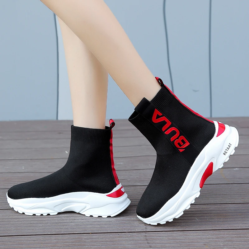 

Autumn Woman Casual Shoes Flat Platform 5cm Heels Black Red Sock Shoes High Top Gym Shoes Women Trainers Breathable Sneakers