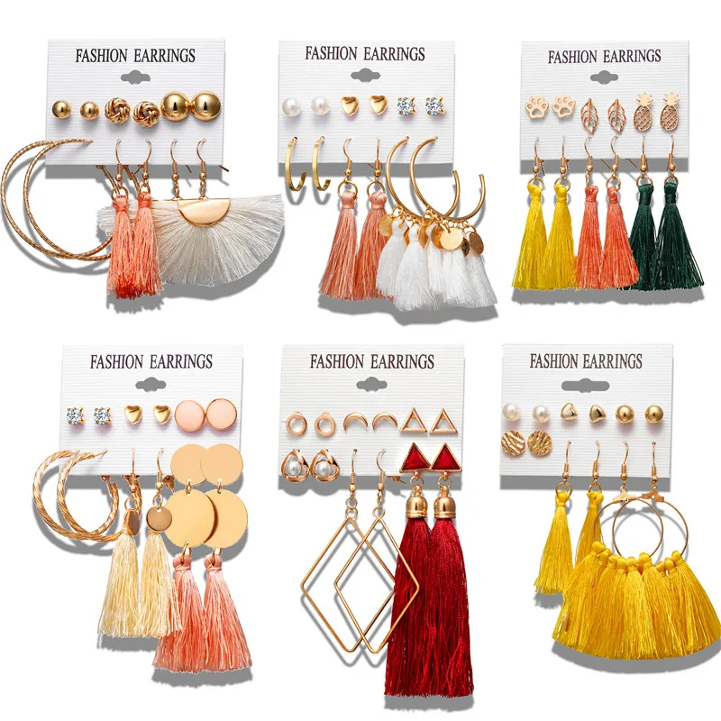 

AY 6 Styles Bohemia Tassel Geometric Dangle Earrings Set For Women Crystal Heart Circle Cotton Drop Earrings Female Jewelry