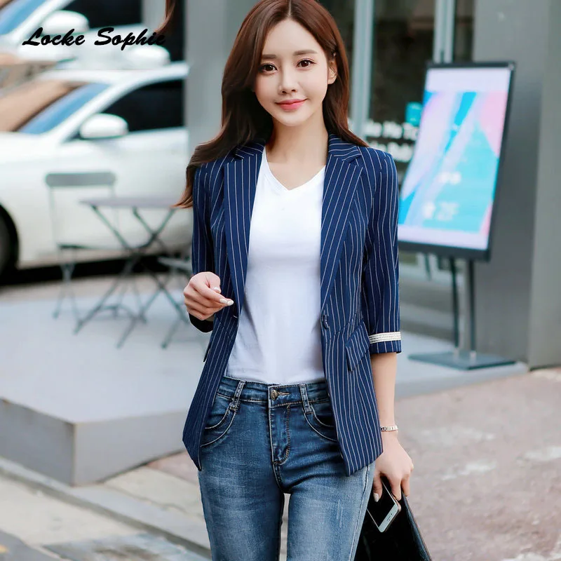 1pcs Women's Plus size Slim fit Blazers coats 2019 Autumn cotton blend stripe Small Suits jackets ladies Skinny Blazers Suits