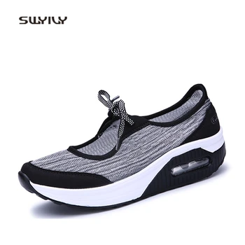 

SWYIVY Women Toning Shoes Platform Mesh Breaathable Lace-up Swing Shoes 2018 Height Increasing Female Slimming Shoes Mixed Color
