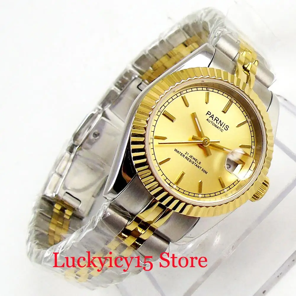 Luxury Classic Style PARNIS Lady/Women's Stainless Steel Wristwatch 26mm Gold Plated Watch Case Sapphire Glass Auto Movement