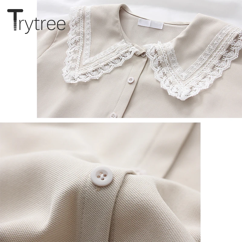 Ttytree, Осенние блузки, Повседневная рубашка для женщин, полиэстер, кружево, Питер Пэн, воротник, полностью рукав, однобортный, милые топы, рубашки