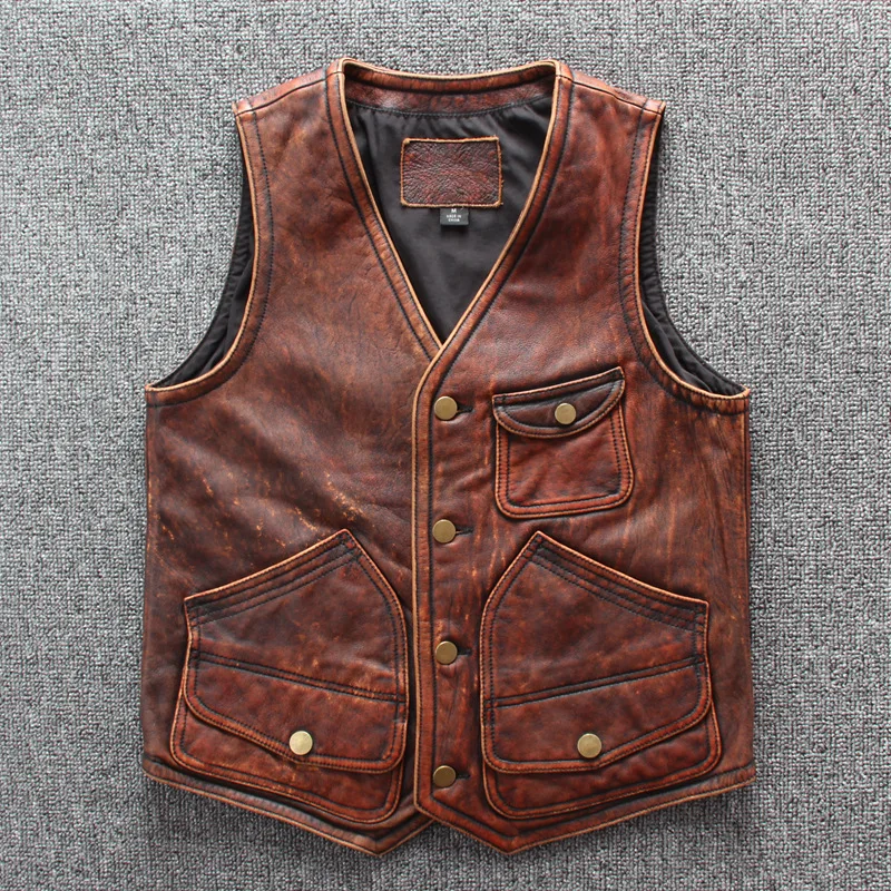 

2019 Men's Professional Motorcycle Vest Genuine Leather Large Size Cowskin Vest Designer Brand High Quality Sleeveless Jackets