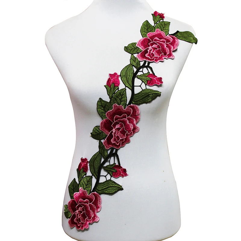 

1piece Fuchsia Tone Rose Peony Floral Lace Patches Venise Applique Motif Embroidered Applique Sew On Fashion T1514