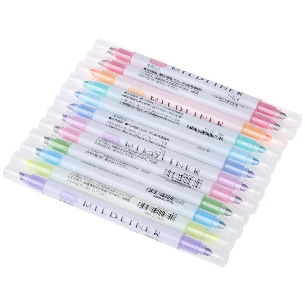 

12 Colors/set Kawaii Mildliner Pens Mild liner Highligher Dual Double Headed Fluorescent Pen Art Drawing Marker Pen Stationery J