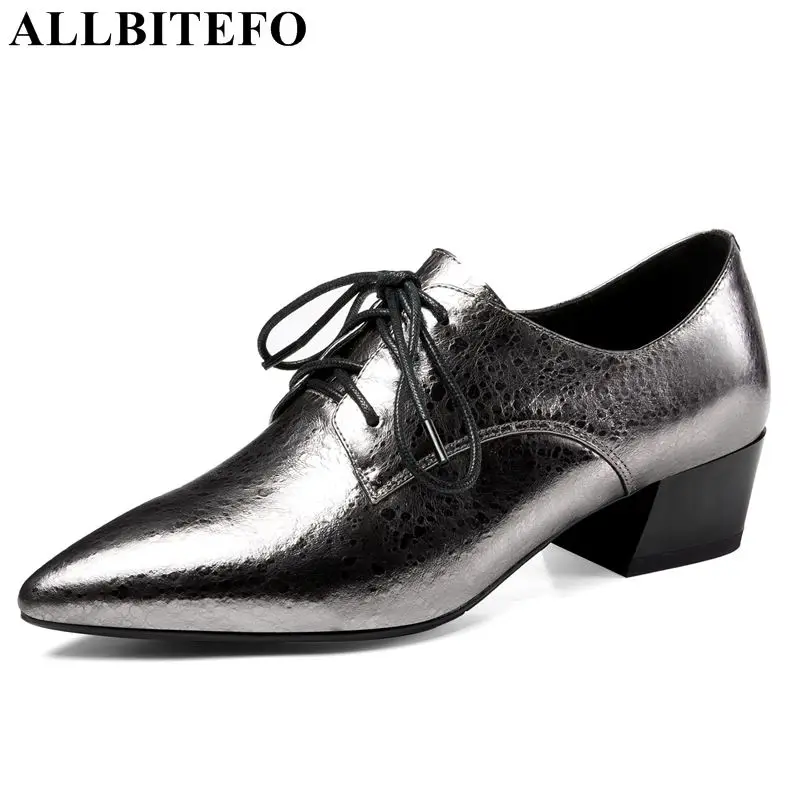 

ALLBITEFO brand genuine leather high heel shoes women heels square heels lace up high quality early apring ladies shoes girls