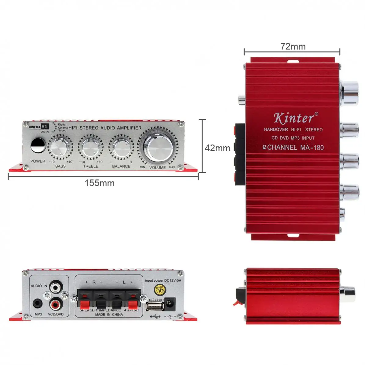 Красный MA-180 мини USB автомобильный лодочный аудио авто усилитель мощности 2CH стерео HIFI Amp 12 V/5A