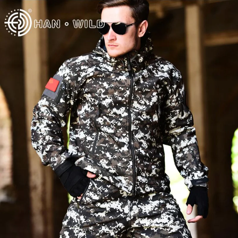 Jacket + Calças Camuflagem ao ar Roupas de Caça Acampamento à Prova Ternos com Capuz Softshell Tático Define Livre Militar Caminhadas Vento Tad Men 14 Cheap Jaq. caminhada