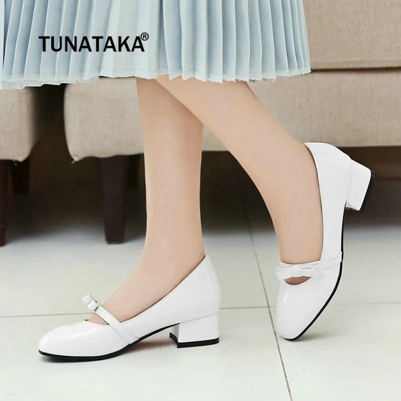 

Women Thick High Heel Pumps Fashion Bow Knot Casual Spring Fall Shoes White Red Black