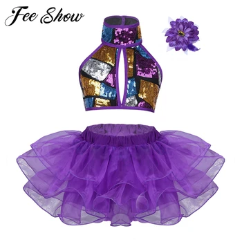 

Girls Sequins Dance Dress Halter Crop Top with Tutu Dress Hair Clip Set for Competition Ballet Jazz Stage Performance Clothing