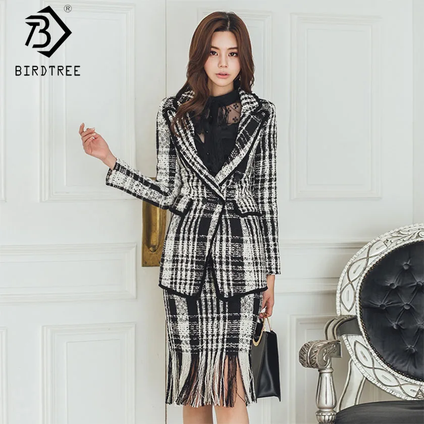 

2019 New Women's Skirt Blazer Suits Notched Double Breasted Long Sleeve Pockets Top Plaid Tassel Skirt Office Lady S91902J
