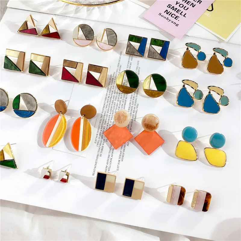 Корейские акриловые квадратные треугольные овальные геометрические необычные серьги-гвоздики коллекция наборов для женщин девушек модные ювелирные изделия-DDE