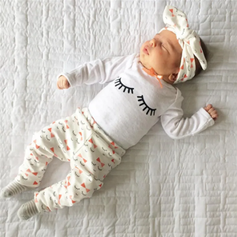 

3pcs Baby Girls Clothing Long Sleeve Children Clothes Infant Tops+Pants Eyelash Pattern+Headband Kids Outfit Set Hot Sale