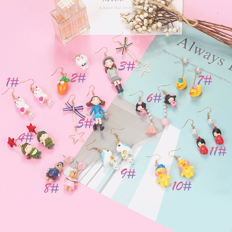 

2018 Creative Cartoon Animals Radish Little Yellow Duck Little Man Coffee Cat Rabbit Little Doll Star Asymmetric Couple Earrings