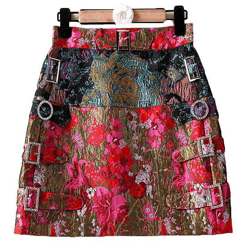 

XF 2018 Latest Fashion Designer Runway Summer Half Skirt Oil Painting + Rose Print Jacquard Bag Hip Short Half Skirt