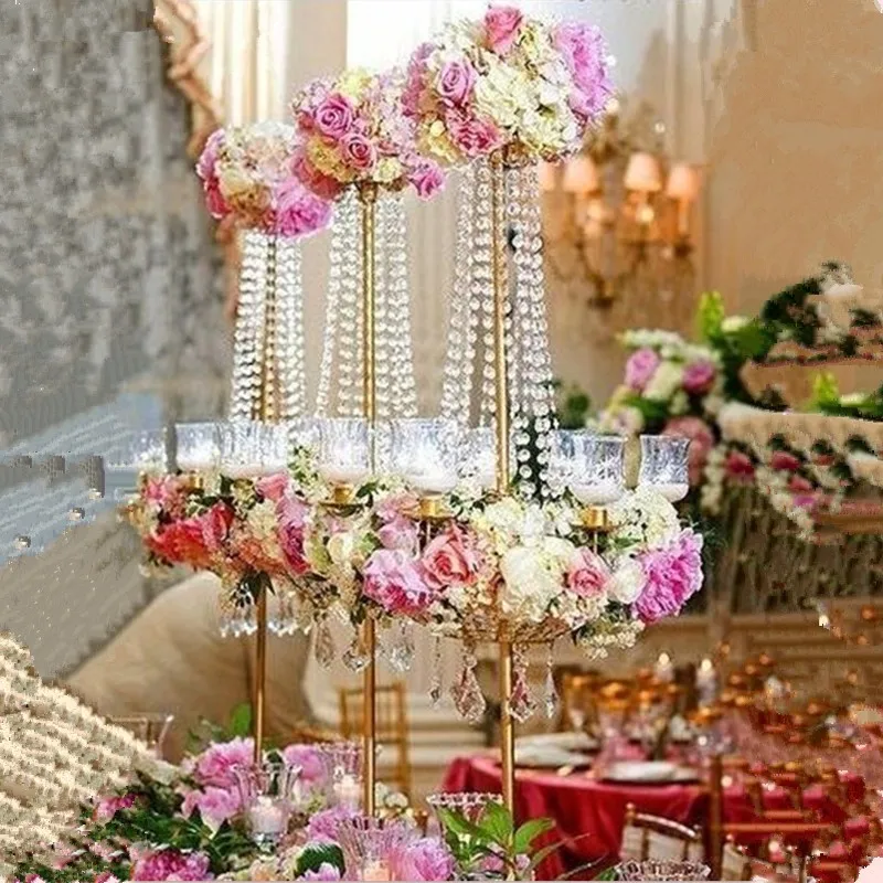 

10pcs/lot Tall Gold Metal Acrylic Chandelier Bead Candelabras Table Centerpiece for Wedding Party Home Decor
