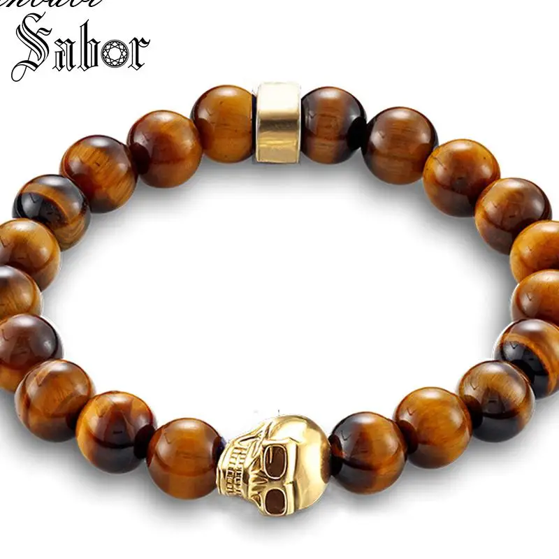 

accessories New fashion Natural Stones Gold-color Skull Stretch Bracelet Lava Stone Beads & Tiger Eye Stone Beads Men mens