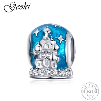 

Geoki 925 Sterling Silver Fairy Tale Castle Beads fit Pandora Bracelet Orginal s925 Blue Enamel Star Night Charms for Bangles