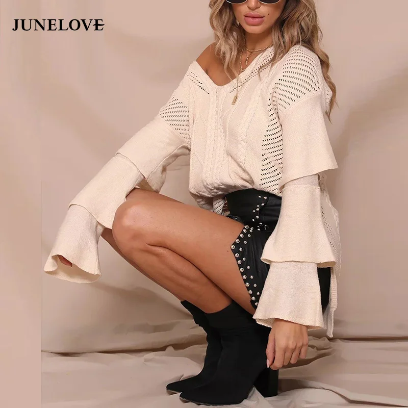 

JuneLove 2018 Loose Flare Sleeve Knitting Autumn Sweater V-Neck Women Elegant Ruffle Pullover Sweater