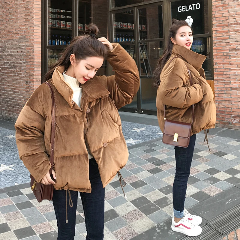 Короткое зимнее однотонное хлопковое женское Свободное пальто в Корейском стиле, новинка, хлопковое пальто с воротником на пуговицах, Женская куртка XY039