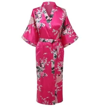 Стильное ярко-Розовое женское кимоно юката платье женский шелковый атлас халат Летние повседневные ночные рубашки Цветочные& павлин S M L XL XXL XXXL WR057