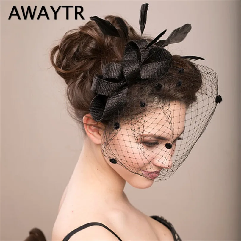 AWAYTYR модная женская шляпа с сеткой и бантом, заколка для волос, реквизит для свадебной фотосъемки, аксессуары для волос, головной убор с перьями, заколки - Цвет: Black