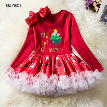 

DZYECI My First Christmas Dress For New Born Girl Costume Bebe Gown Lace Frock Bow Headband Toddler Infant Boutique Clothes