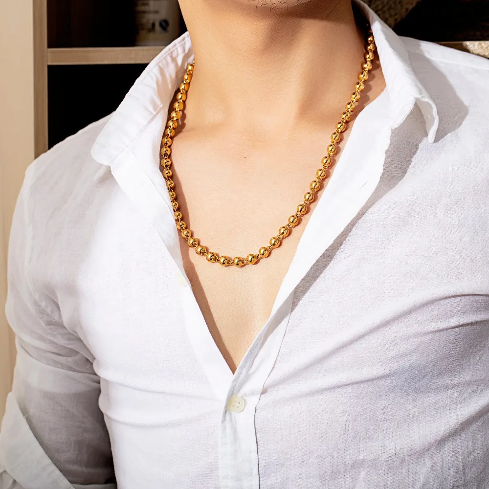 60cm 6 8mm men beads chain gold color copper necklace Round bead Men