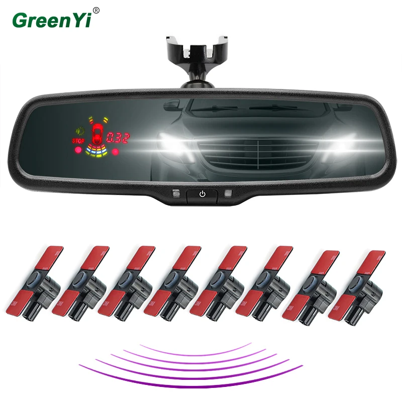 

GreenYi 12-inch interior rearview mirror monitor front and rear parking sensor with original bracket 8 PCS 16 mm flat radar sens