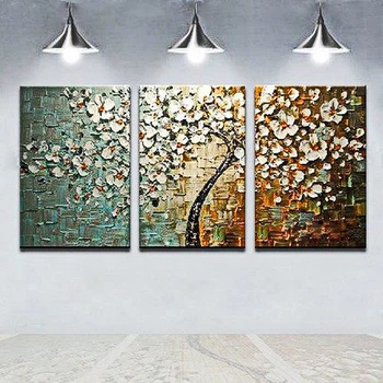 

3 pieces Handmde paintings by knife tree with full flower on oil canvas for home decor and wallpaper