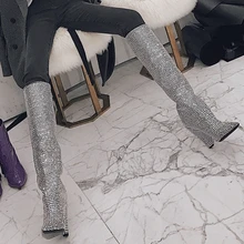 Mais novo Luxo Cristal Pointy Toe Joelho Botas Altas Botas de Salto Estranho Sexy Senhoras de Bling Strass Botas longas mulheres tenis feminino