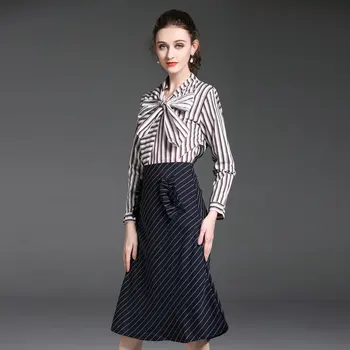 

women striped long sleeve shirt Twill skirt office fashion lady suit 2 piece clothing set outfit