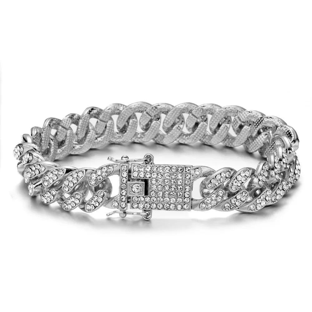 Hip Hop Bling Iced Out Miami Cuban Link Chain Full AAA Crystal Pave Men's Bracelet Gold   Color Bracelets for Men Jewelry