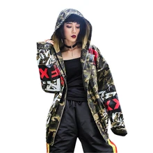 Осенняя Женская куртка с длинным рукавом Уличная Стиль пальто с капюшоном Для женщин, модная, с принтом из букв шеврон с принтом дизайн свободные камуфляжные пальто Z160