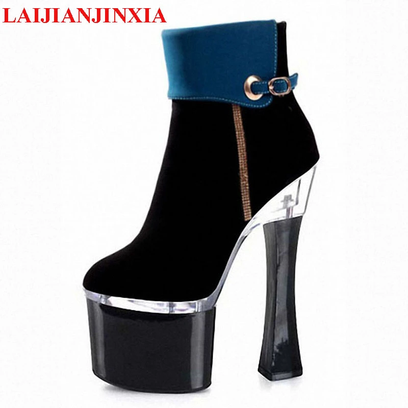 

LAIJIANJINXIA Splice Women Pole Dance Shoes Sexy Night Club Party Dancing Shoes Platform 18cm Square High Heels Ankle Boots