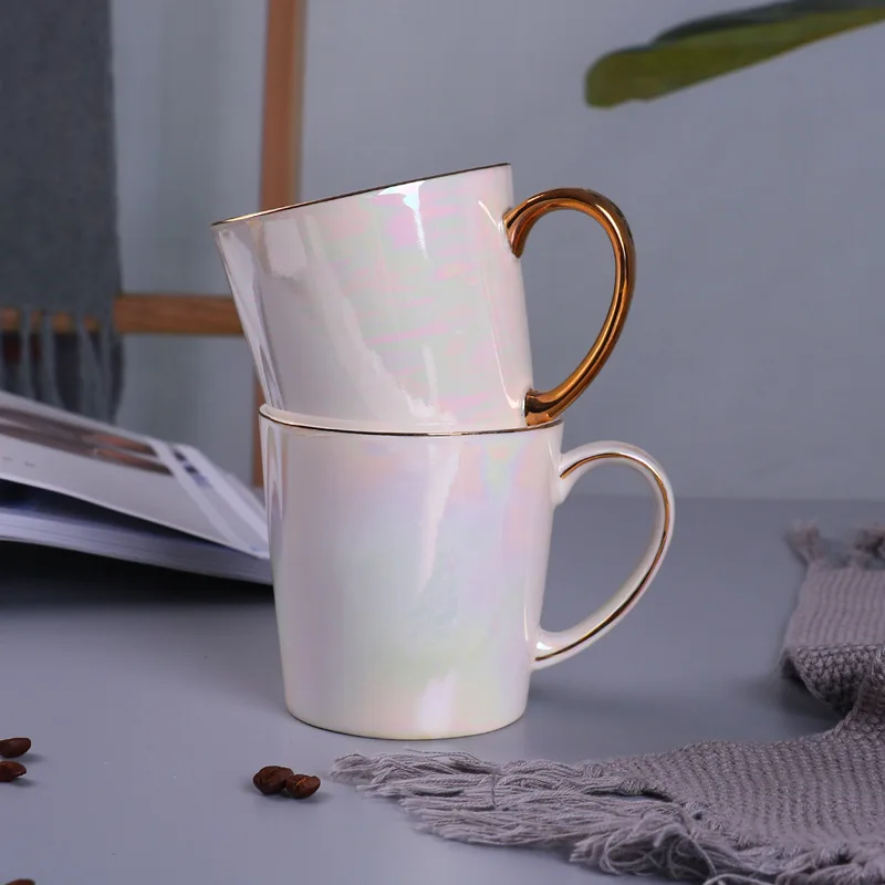 Белая кружка с жемчужной глазурью, радужная глазурованная керамическая чашка, простая Скандинавская чашка, модная кофейная чашка, расширенная кружка, посуда для напитков, подарок 350 мл