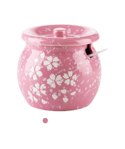 Сакура узор керамический контейнер для приправы банка с ложкой и крышкой соли/сахара/приправ бутылка для хранения специй перец банка - Цвет: Розовый