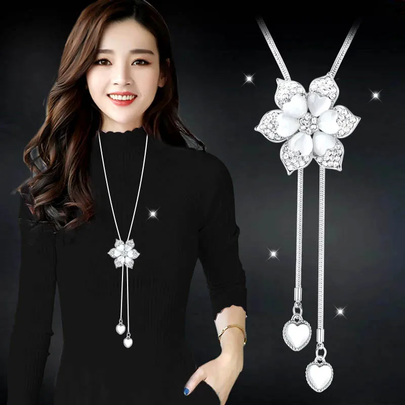 

SINLEERY Fashion White Opal Rhinestone Flower Necklace Pendant Adjusted Silver Color Long Chain For Women Accessories MY046 SSH