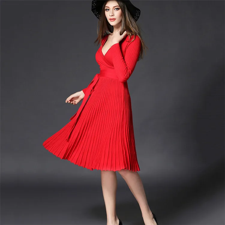Повседневное платье для беременных, для похудения, длинный рукав, v-образный вырез, плиссированная трикотажная одежда для беременных, зимнее платье, длинный подол, корейский стиль - Цвет: Big Red