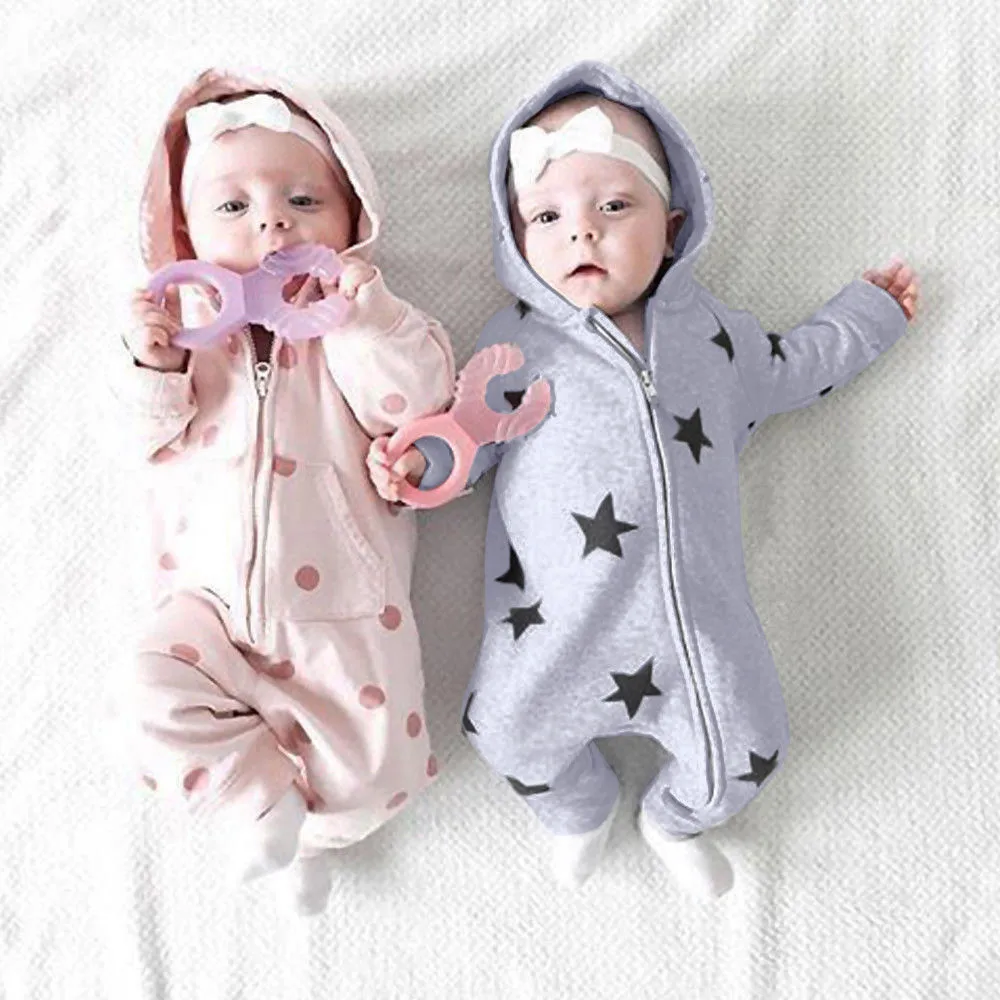 Зимняя одежда для новорожденных; Одежда для маленьких девочек и мальчиков со звездным принтом; с капюшоном и застежкой-молнией ползунки Детские комбинезоны bebek giyim
