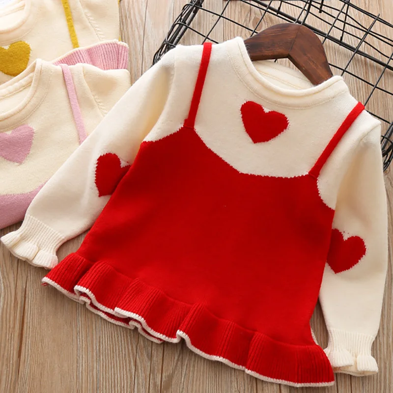 

Baby Girls Sweater 2019 Spring and Autumn Dress Girl Love Fake Two-piece Sweater Children's Sweater Kids Toddler Girls Clothes