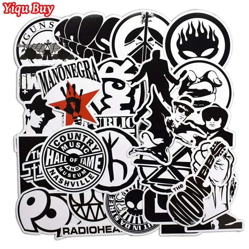 50 pièces Rock & Roll noir et blanc autocollants pour ordinateur portable Skateboard bagages guitare valise musique Punk Graffiti PVC autocollant Pack (lot de 50)