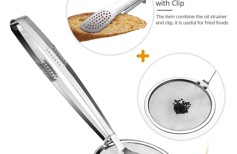 Kitchen Gadgets Tools Stainless Steel Colander oil Strainers Fried Food Filter Spoon with Clip France Fried Tong Mesh Colander